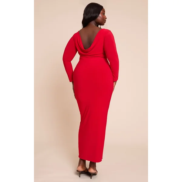 Plus Deep Red Scoop Back Detail Long Sleeve Maxi Dress