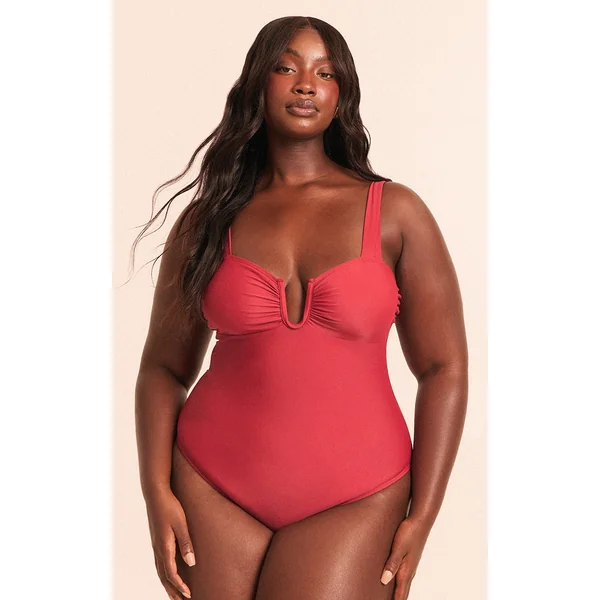Plus Deep Red Underwired U Bar Ruched Cup Swimsuit