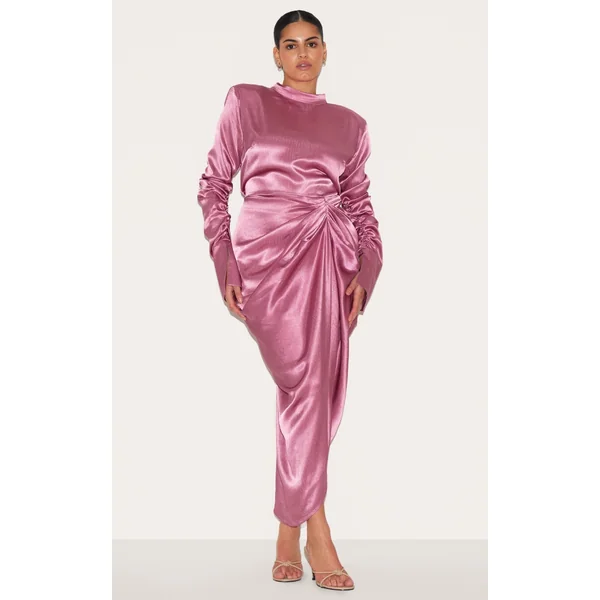 Plus Deep Rose High Neck Ruching Detail Satin Midi Dress