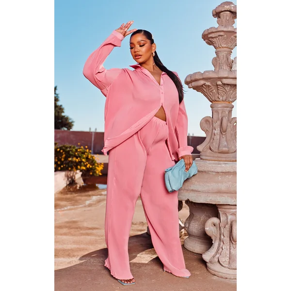Plus Dusty Pink Plisse High Waisted Wide Leg Pants