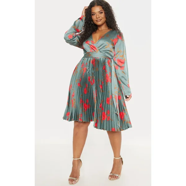 Plus Emerald Green Floral Print Long Sleeve Pleated Midi Dress