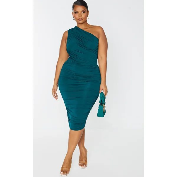 Plus Emerald Green Slinky Ruched One Shoulder Longline Midi Dress