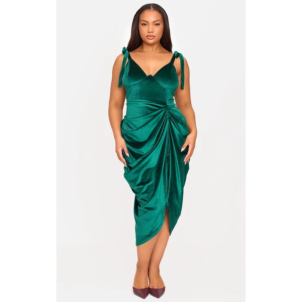 Plus Emerald Green Underwire Detail Velvet Draped Midi Dress