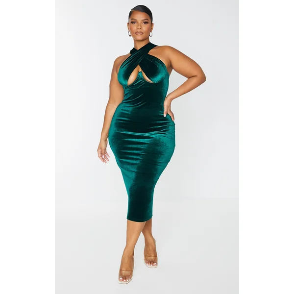 Plus Emerald Green Velvet Underwired Cross Front Midi Dress