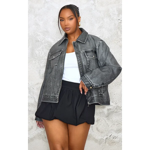 Plus Extreme Black Faux Leather Wash Pocket Detail Jacket