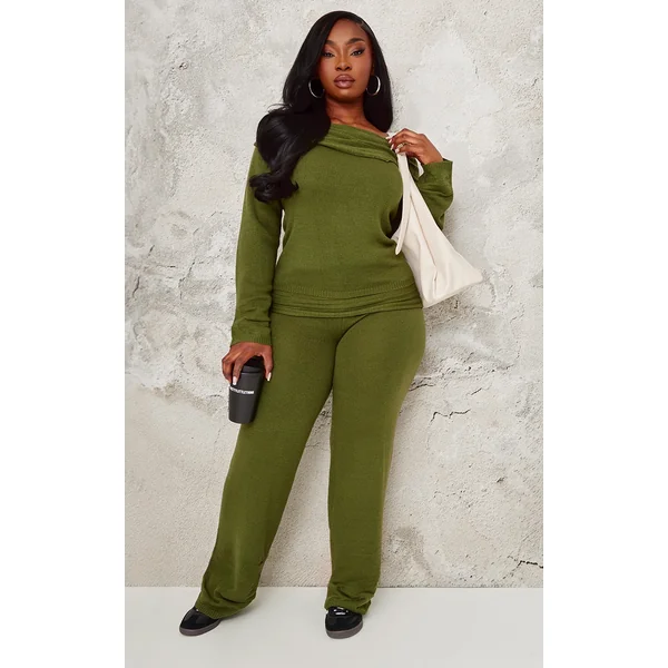 Plus Forest Green Knitted Wide Leg Pants