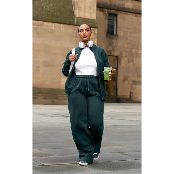 Plus Forest Green Mid Rise Seam Detail Straight Leg Sweatpants