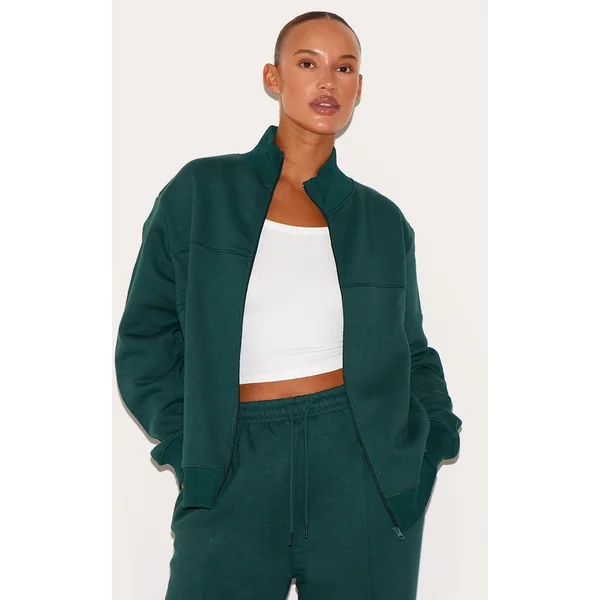 Plus Forest Green Seam Detail Zip Through Oversized Track Top
