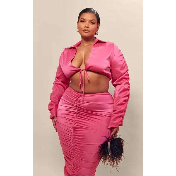 Plus Fuchsia Ruched Satin Sleeve Cropped Shirt