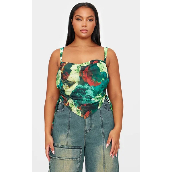 Plus Green Abstract Print Mesh Layered Corset Top