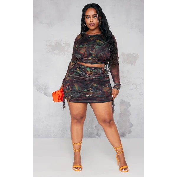 Plus Green Abstract Printed Ruched Mesh Mini Skirt