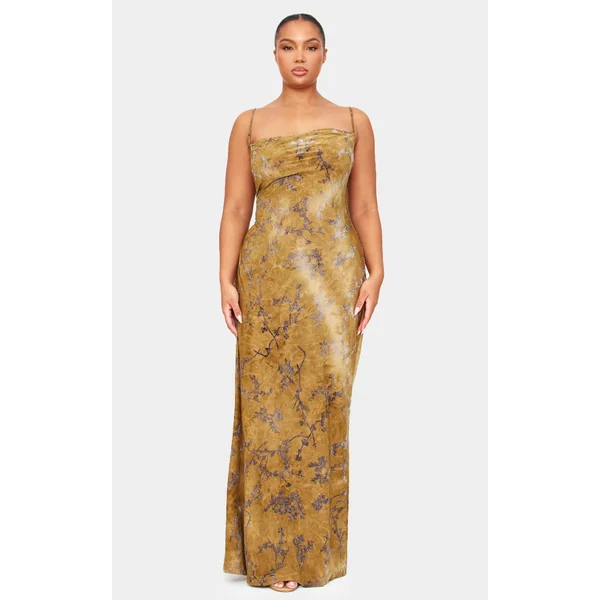 Plus Green Devore Cowl Neck Lace Up Back Maxi Dress