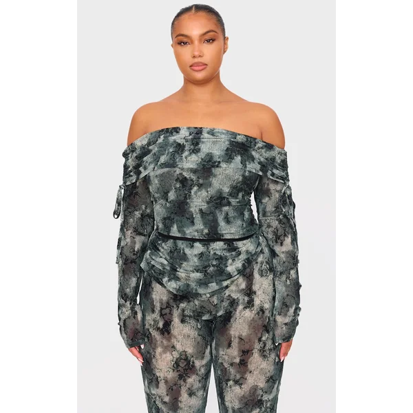 Plus Green Devore Mesh Foldover Long Sleeve Top