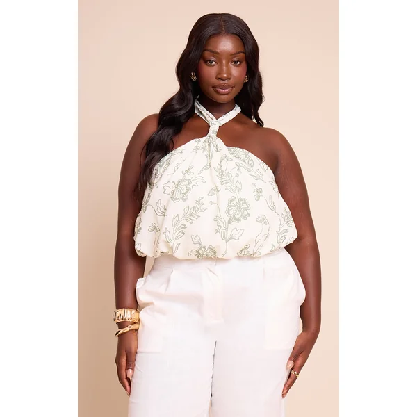 Plus Green Floral Halterneck Puffball Top