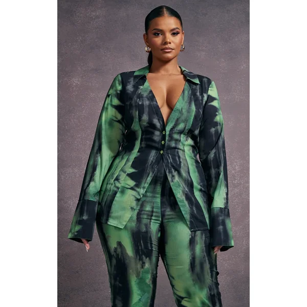 Plus Green Grunge Print Chiffon Fitted Shirt