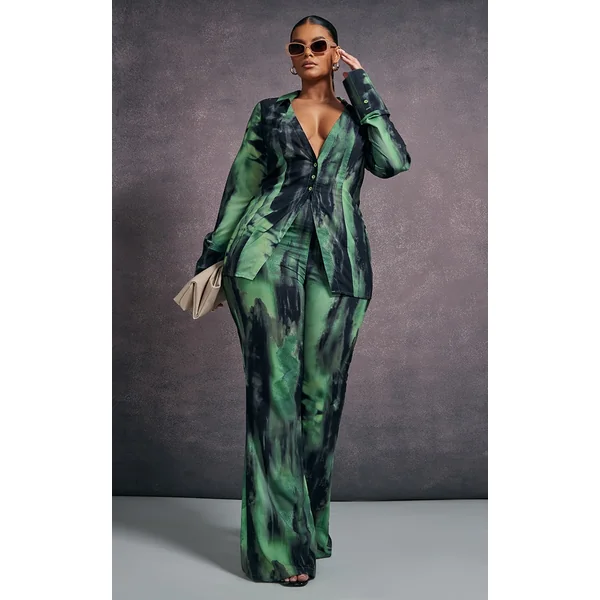 Plus Green Grunge Print Chiffon Flare Pants