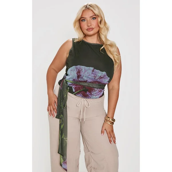 Plus Green Printed Mesh Tie Detail Boat Neck Top