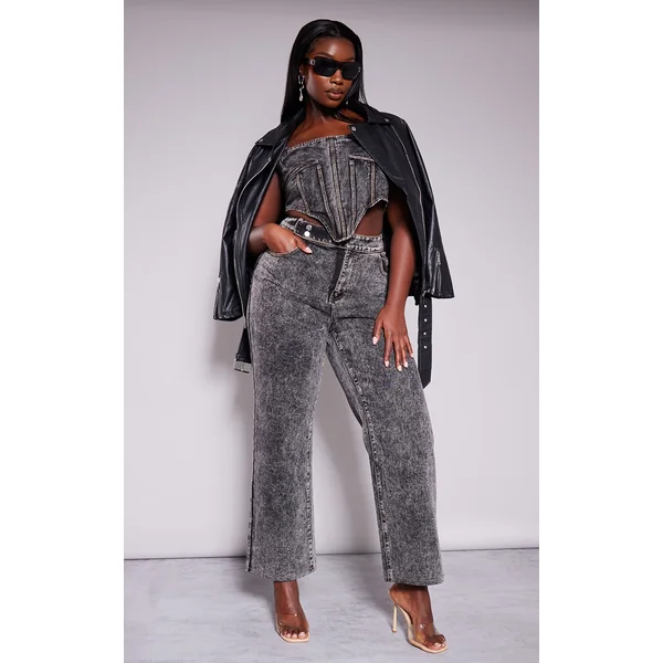 Plus Grey Acid Wash Belt Detail Wide Leg Jeans