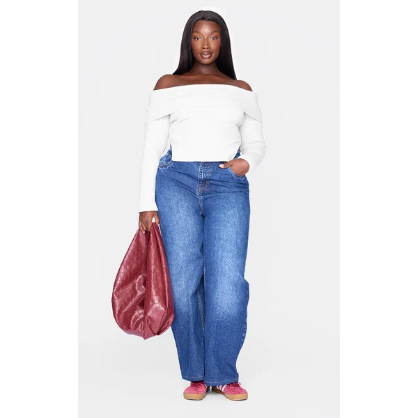 Plus Grey Brushed Rib Fold Over Detail Long Sleeve Top