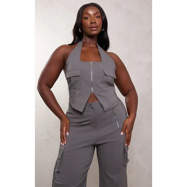 Plus Grey Cargo Pocket Detail Zip Crop Top
