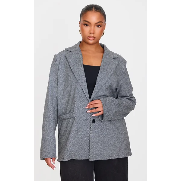 Plus Grey Herringbone Tailored Blazer