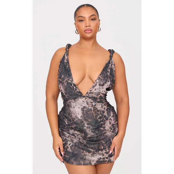 Plus Grey Leopard Double Layer Slinky Mesh Panel Bodycon Dress