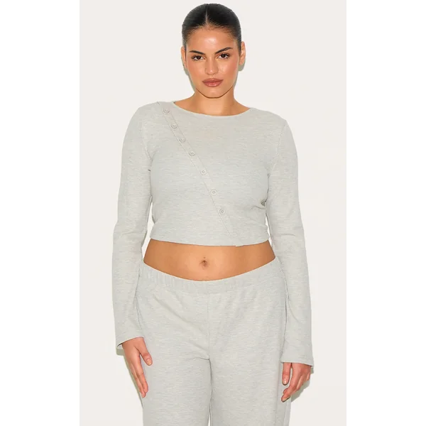 Plus Grey Marl Asymmetrical Waffle Button Crop Top