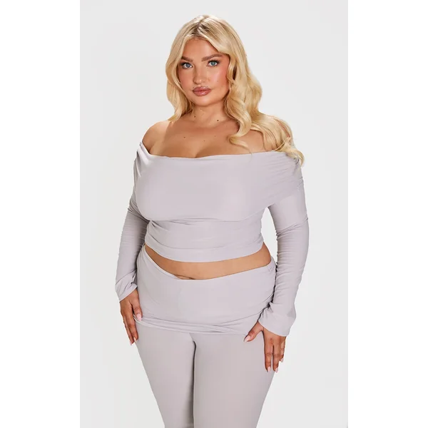 Plus Grey Marl Countour Jersey Bardot Long Sleeve Top