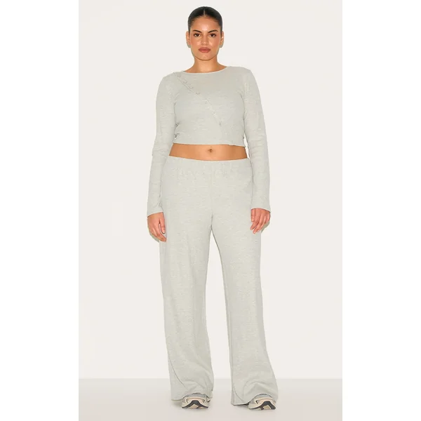 Plus Grey Marl Mid Rise Wide Leg Waffle Pant