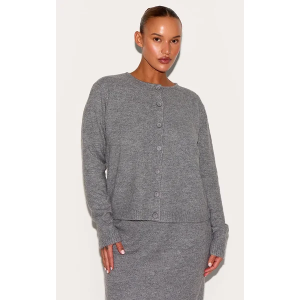 Plus Grey Melange Soft Knit Basic Button Up Cardigan