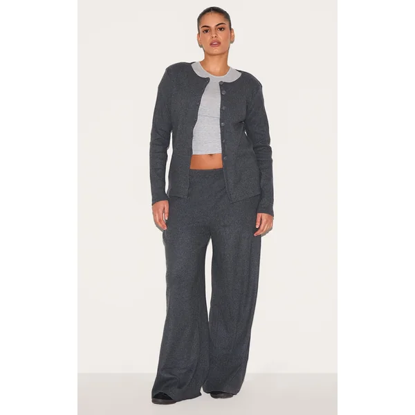 Plus Grey Soft Touch Rib Wide Leg Pants