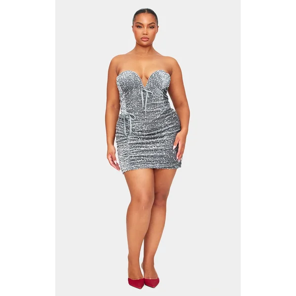 Plus Grey Sweetheart Neckline Velour Sequin Mini Dress