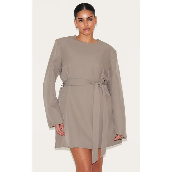 Plus Grey Tailored Belt Detail Long Sleeve Shift Dress