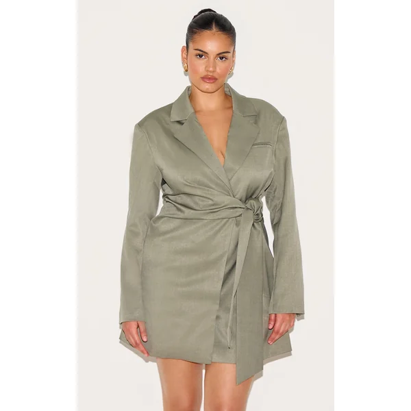 Plus Grey Woven Bazer Side Tie Mini Dress