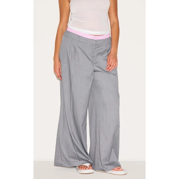 Plus Grey Woven Contrast Stripe Boxer Detail Straight Leg Pants