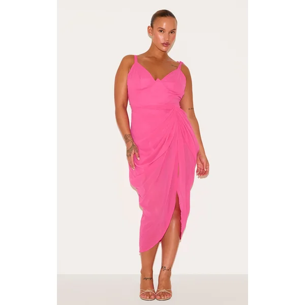 Plus Hot Pink Underwire Detail Draped Midi Dress