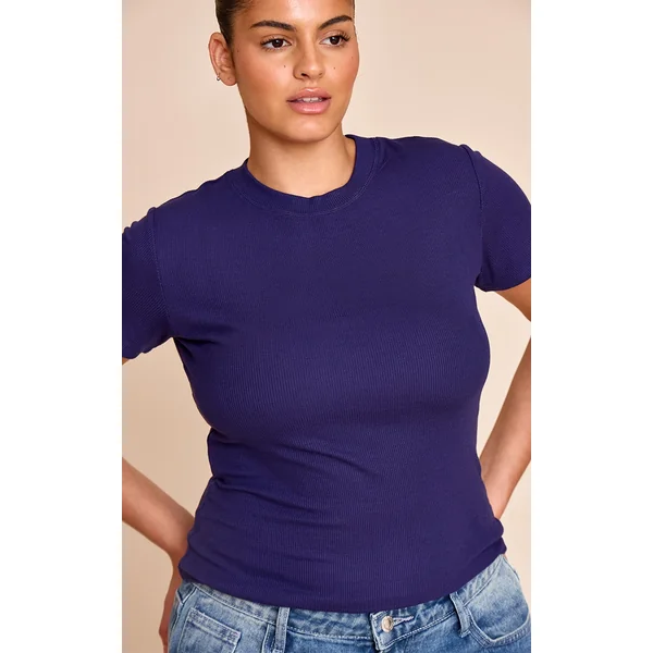 Plus Indigo Blue Soft Rib Crew Neck Short Sleeve Top