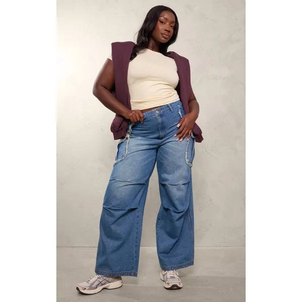 Plus Indigo Blue Wash Frayed Pocket Detail Wide Cargo Leg Jeans