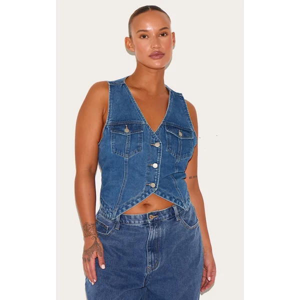 Plus Indigo Blue Wash Halterneck Button Front Denim Vest