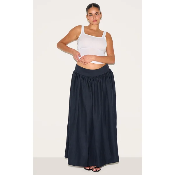 Plus Indigo Blue Wash Woven Drop Waist Rib Panel Maxi Skirt
