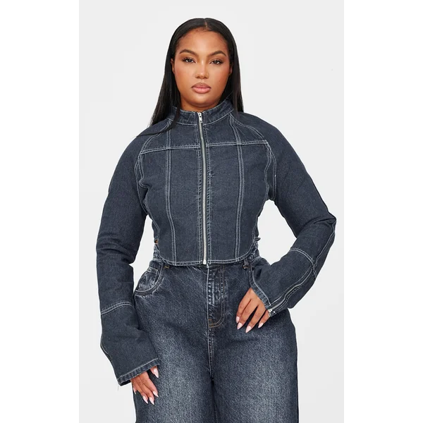 Plus Indigo Blue Wash Zip Up Cuff Detail Denim Jacket