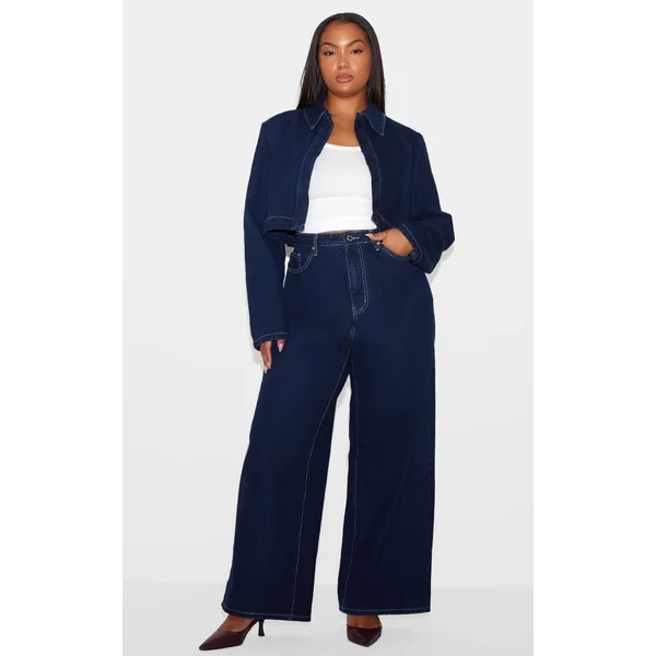 Plus Indigo Contrast Stitch Wide Leg Jeans