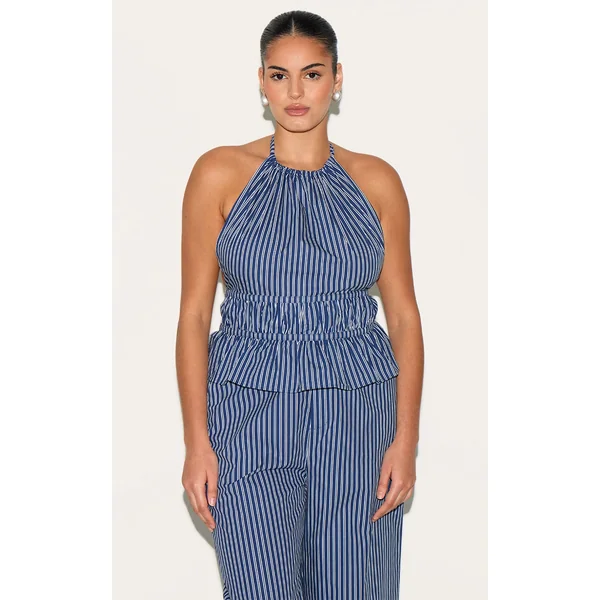 Plus Indigo Stripe Ruched Backless Halterneck Woven Top