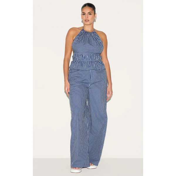 Plus Indigo Stripe Woven Mid Rise Wide Leg Pant