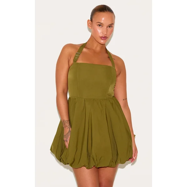 Plus Khaki Buckle Detail Halterneck Puffball Mini Dress