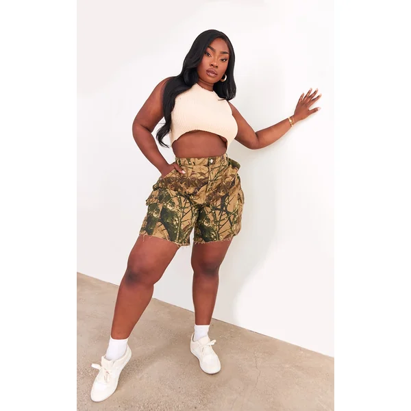 Plus Khaki Camo Denim Cargo Shorts