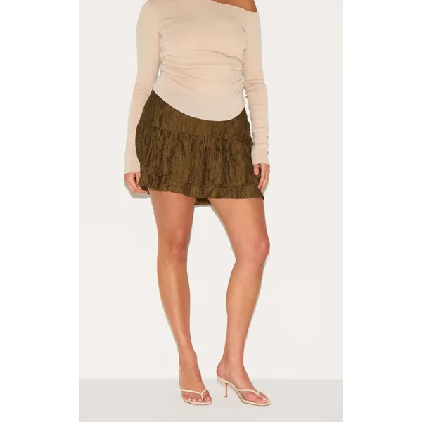 Plus Khaki Crinkle Woven Dropped Waist Frilly Mini Skirt