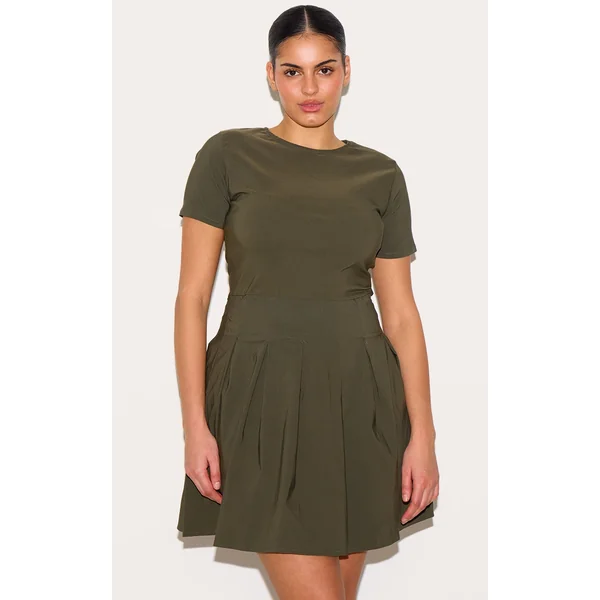 Plus Khaki Pleat Hem Detail Tailored Mini Dress