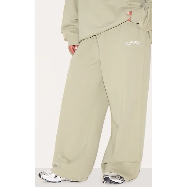 Plus Khaki Premium Embroidered Norway Wide Leg Sweatpants