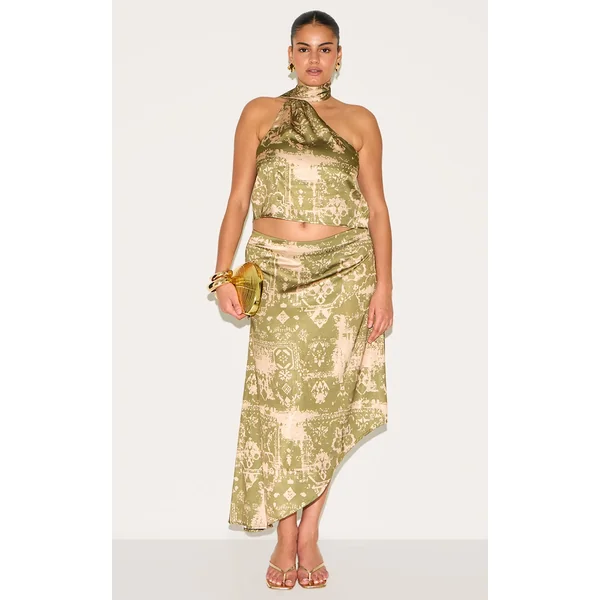 Plus Khaki Printed Satin Asymmetric Midi Skirt